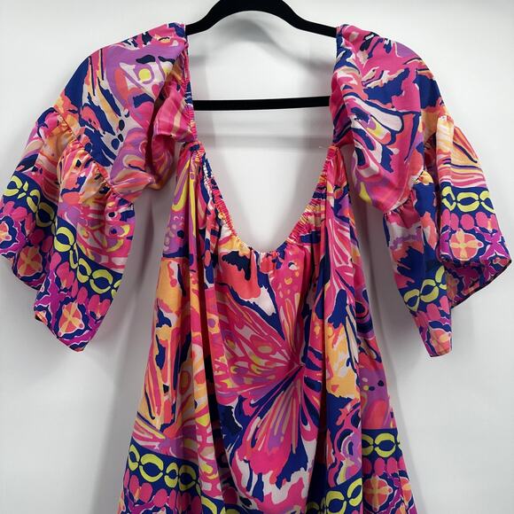Lilly Pulitzer Sanilla Silk Top Off the Shoulder Pink Fusion Medium Floral - Picture 3 of 10